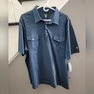 Kuhl Polo Shirt Mens Large Blue Stretch Lightweight Pockets Outdoor Hiking